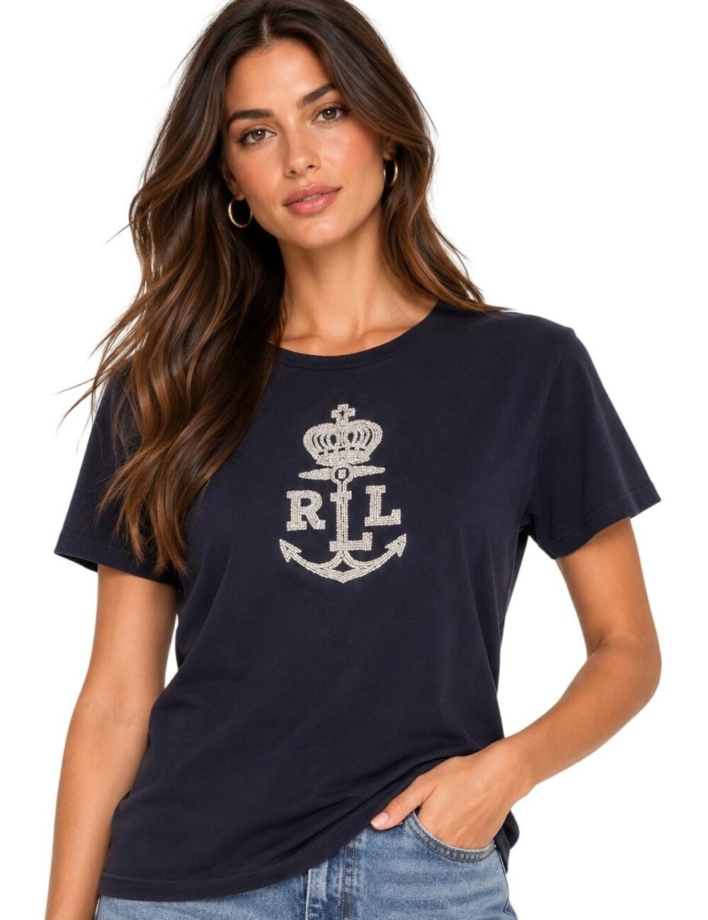 Ralph Lauren Navy Rhinestone Crown Anchor Logo T-Shirt EUC Size XL